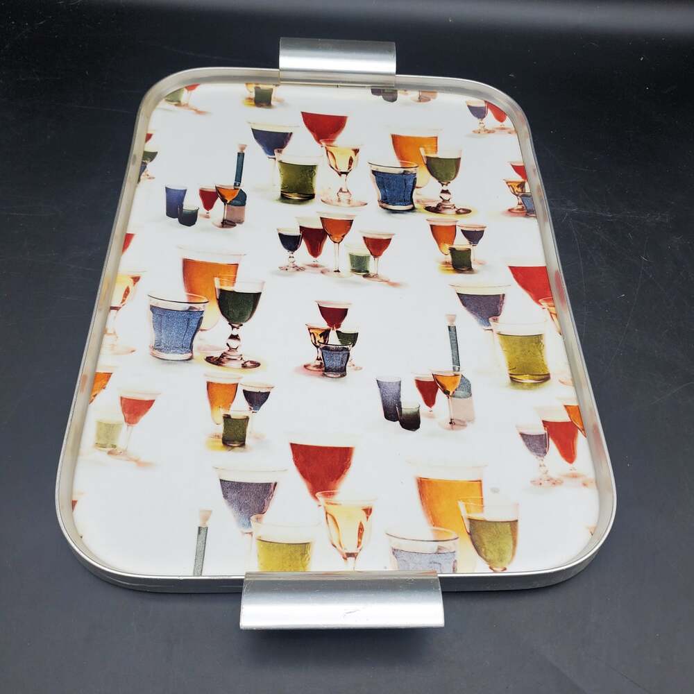 Vintage Universal Metal Serving Tray Cocktails Print Aluminum Handles